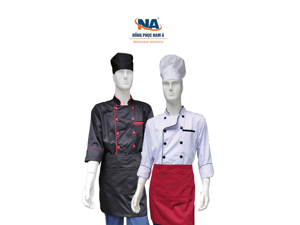 Áo bếp may sẵn đen viền đỏ, trắng viền đen kèm mũ và tạp dề tại Nam Á Thanh Khê