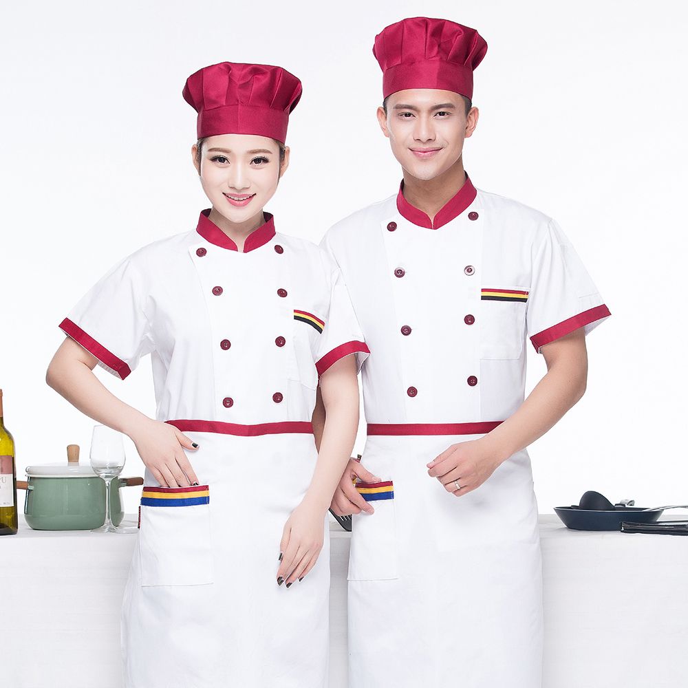 Áo bếp trắng phối viền đỏ và mũ bếp