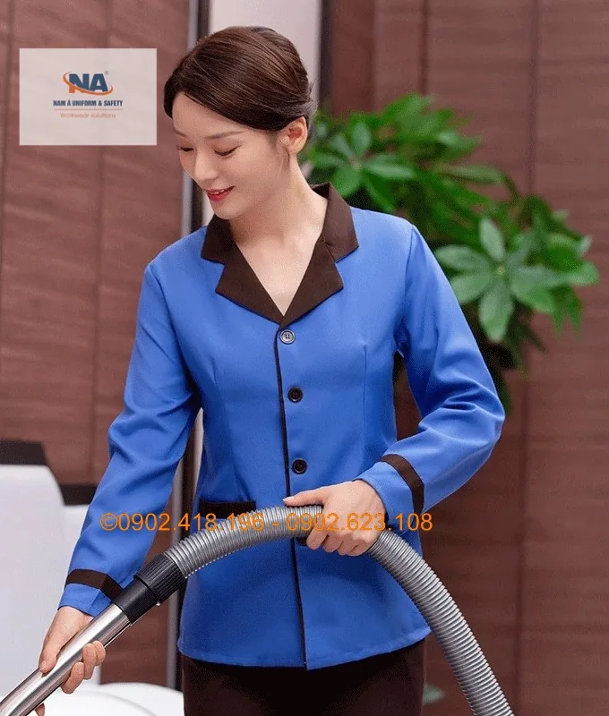 Đồng phục tạp vụ buồng phòng cổ ve phối nâu NA-TV01
