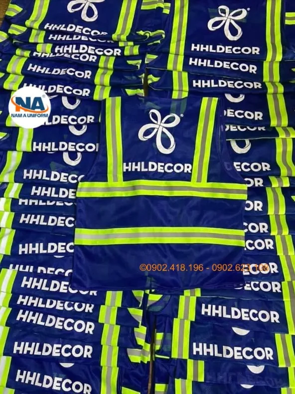 Áo gile lưới phản quang xanh in logo HHLDECOR