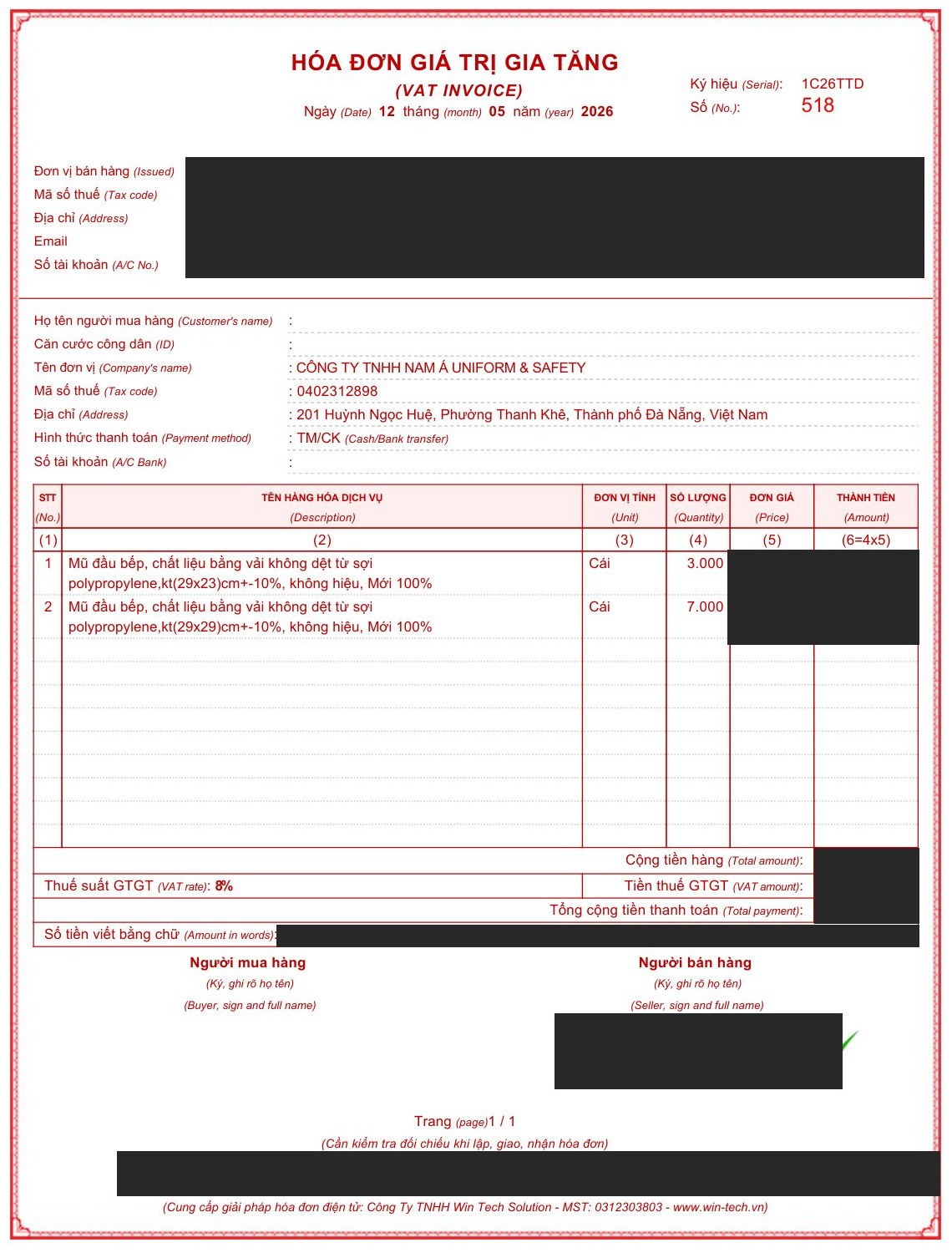 Hóa đơn VAT mũ bếp giấy không dệt Nam Á