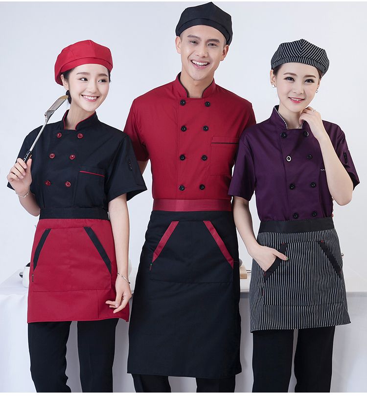 Các mẫu áo bếp màu đen, đỏ, tím phối tạp dề
