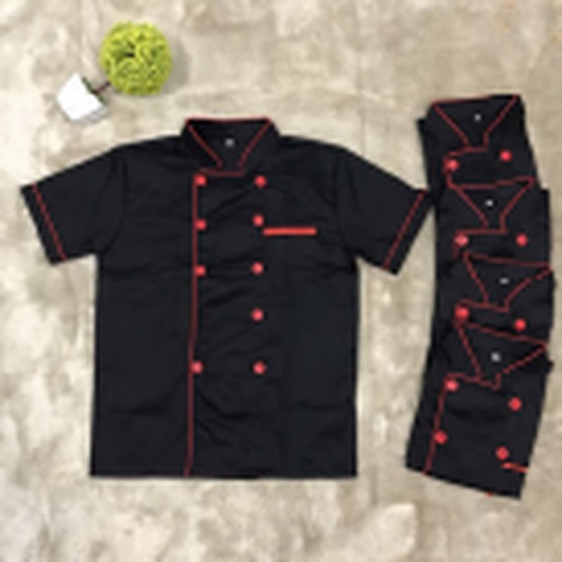 Áo bếp ngắn tay màu đen viền đỏ NA-AB01
