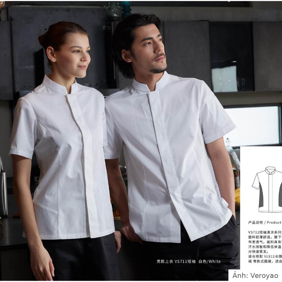 Áo bếp ngắn tay cổ đứng nẹp ẩn Veroyao VS711