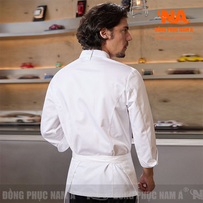 Áo bếp dài tay khóa kéo màu trắng