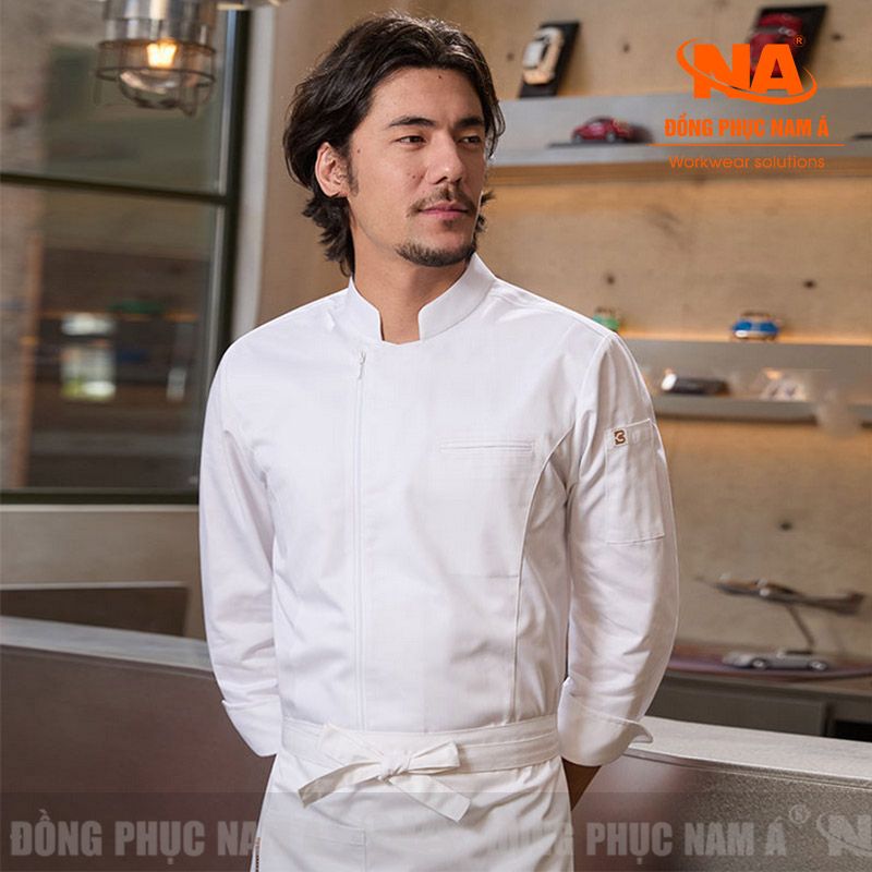 Áo bếp dài tay khóa kéo màu trắng