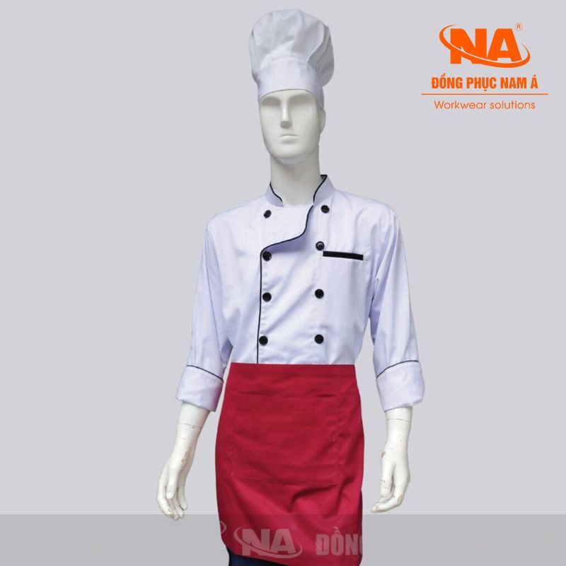 Áo bếp may sẵn màu trắng cúc viền đen